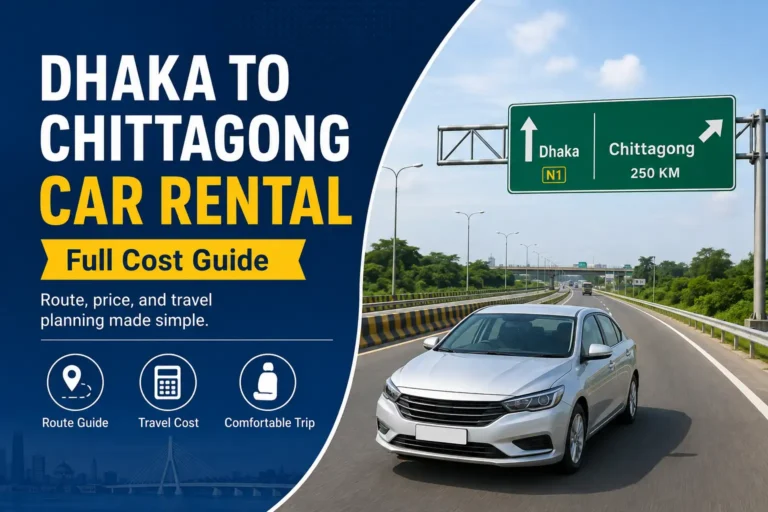Rental car driving on the Dhaka to Chittagong highway with route signage