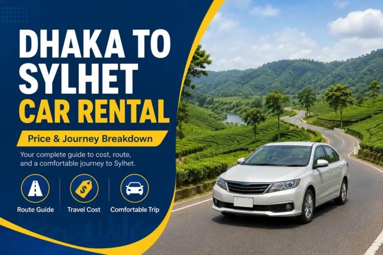 Rental car traveling on a tea-garden road from Dhaka to Sylhet