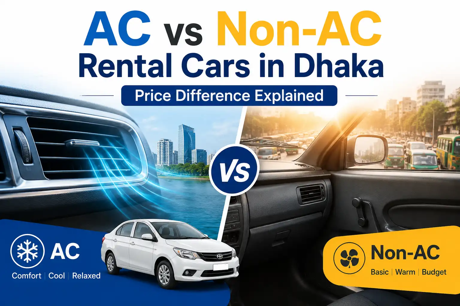 Comparison of AC and non-AC rental cars in Dhaka with car vent and cabin view