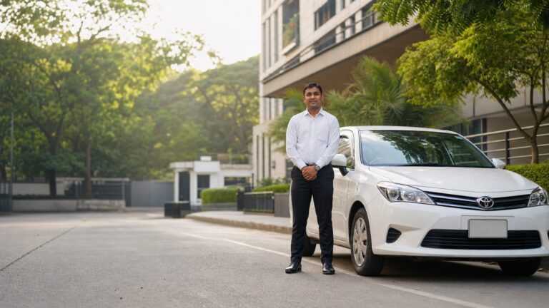 Professional chauffeur standing beside a white rental sedan in Dhaka
