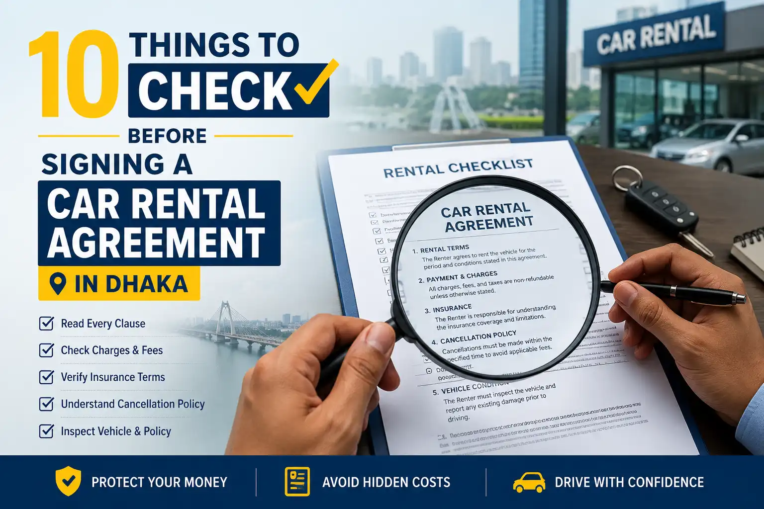 Reviewing a Dhaka car rental agreement with a magnifying glass highlighting the fine print