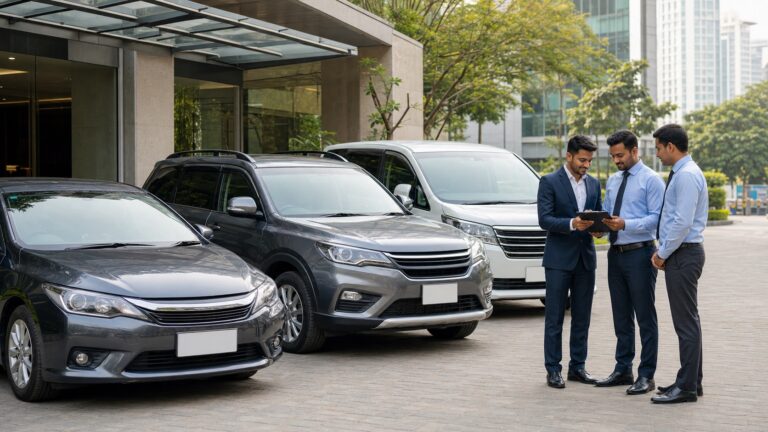 Rental vehicle lineup and corporate clients at a Dhaka business location