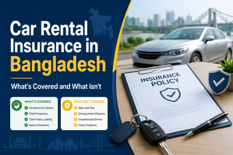 Car rental insurance policy document and car keys on a desk in Bangladesh