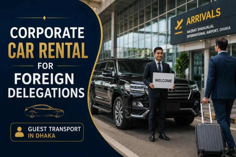 Black executive SUV at Dhaka airport with a driver welcoming a foreign guest for corporate transport