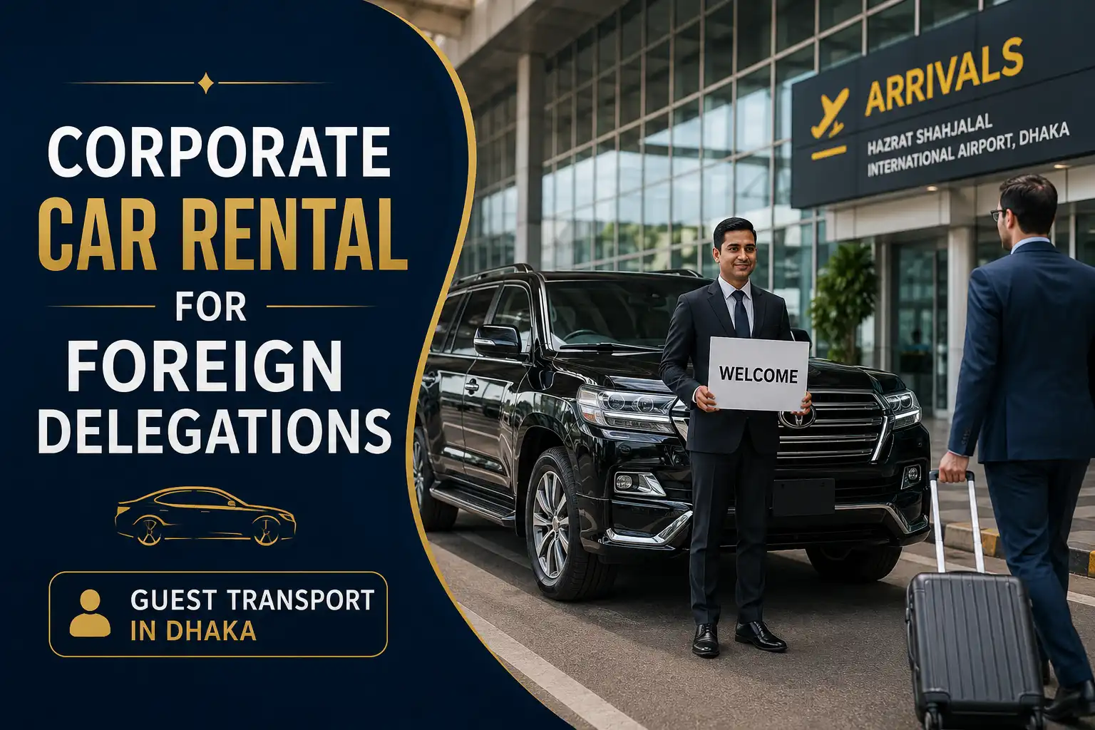 Black executive SUV at Dhaka airport with a driver welcoming a foreign guest for corporate transport