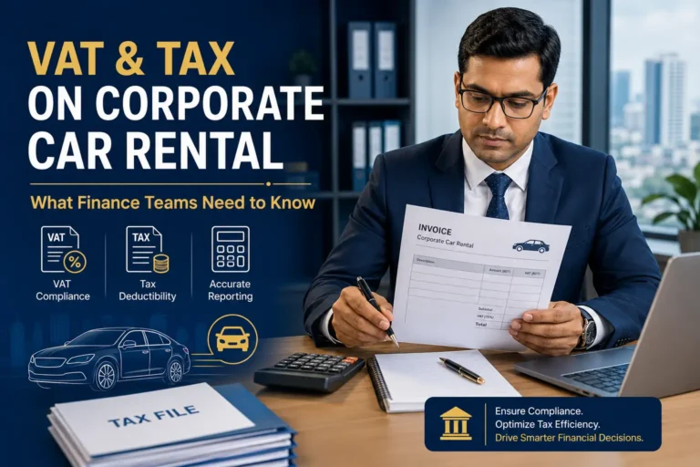 Finance professional reviewing a corporate car rental invoice with VAT, tax, and calculator