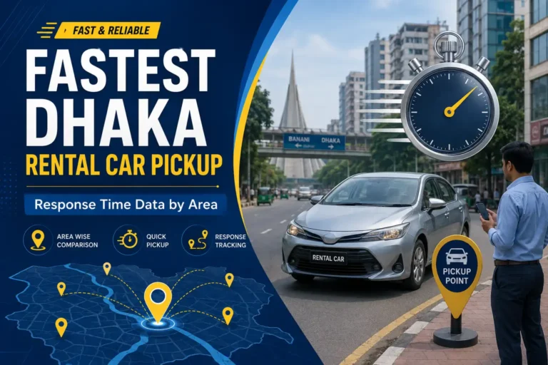 Dhaka rental car arriving at a pickup point with a stopwatch and area response tracking