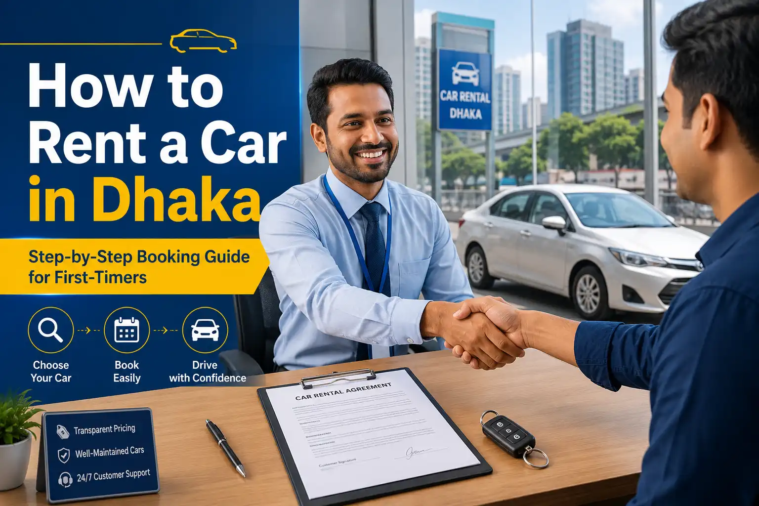 Customer signing a Dhaka car rental agreement and shaking hands with rental staff