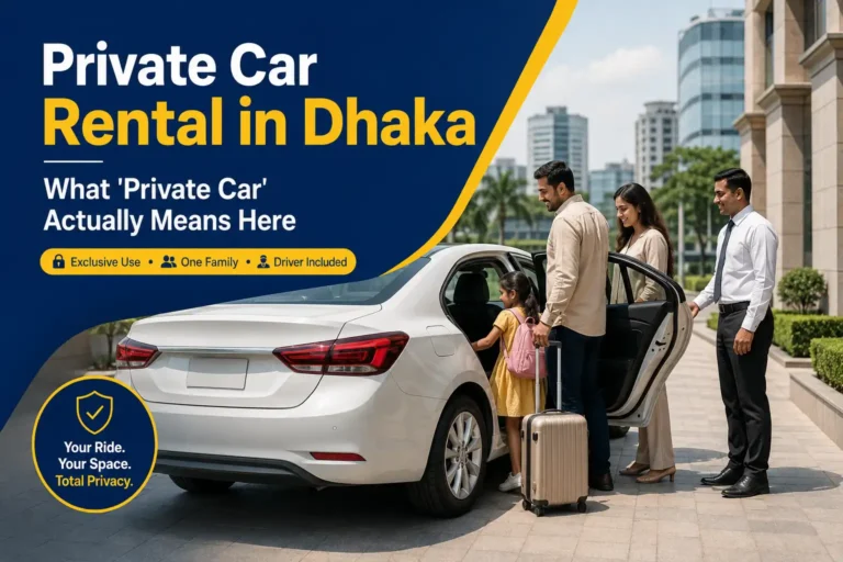 Family boarding a private rental sedan in Dhaka with a professional driver waiting
