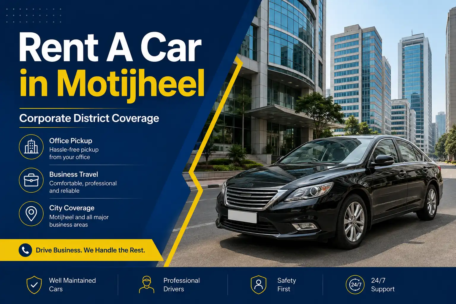 Rental sedan parked in Motijheel’s corporate district near modern office buildings