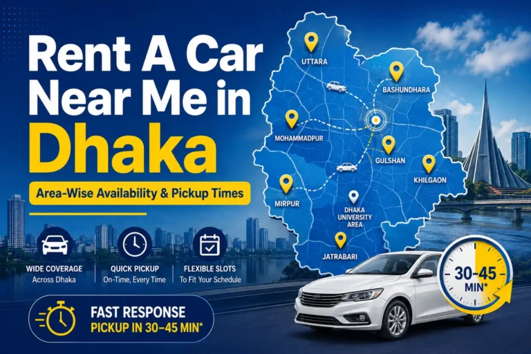 Dhaka car rental coverage map with area-wise pickup locations and availability