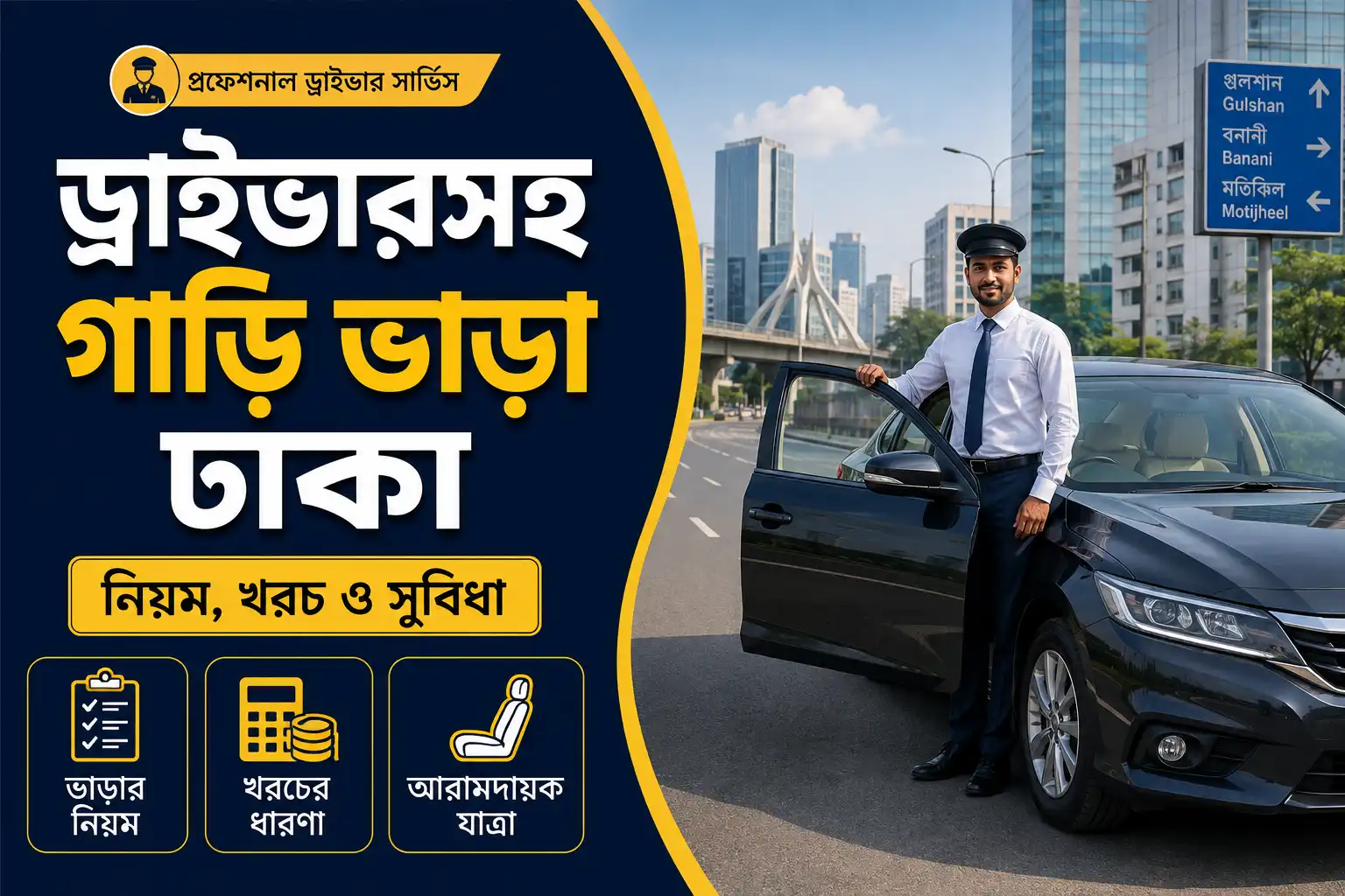 ঢাকায় ড্রাইভারসহ গাড়ি ভাড়া সার্ভিসের জন্য খোলা দরজার পাশে দাঁড়ানো একজন পেশাদার ড্রাইভার