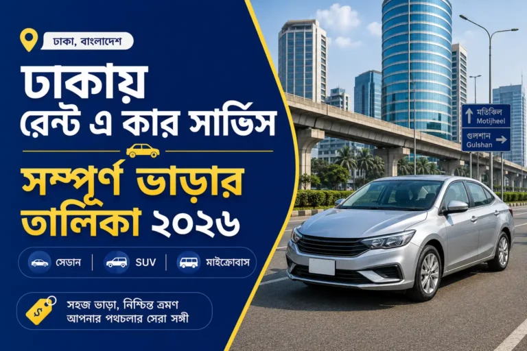 ঢাকার শহরের রাস্তায় দাঁড়ানো ভাড়া গাড়ি ও ২০২৬ সালের রেন্ট এ কার সার্ভিসের সম্পূর্ণ ভাড়ার তালিকা